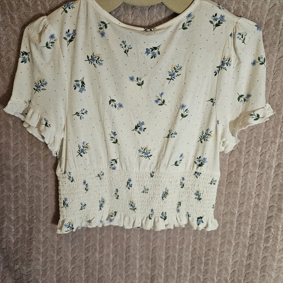 3/$25 🆕 Streetwear Society White with Blue Flowers Deep V Crop Top sz Large - Picture 5 of 6